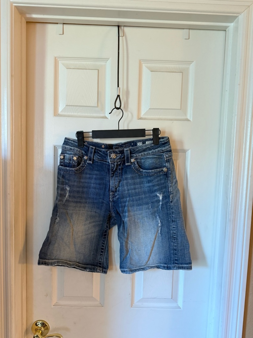 Miss Me Distressed Denim Bermuda Shorts in Blue. 27/9